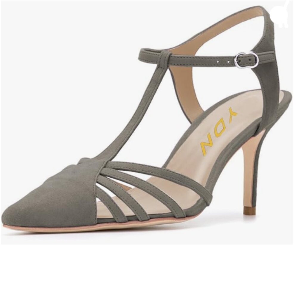 YDN Grey Pointed Toe Ankle Straps Sandals High Heel T-Straps Cutout Shoes